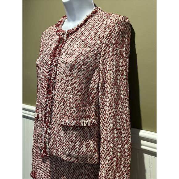 Vtg St John Knit Size 2 Skirt Suit Red & White Tweed Fringed Jacket Full Zip - Picture 10 of 16